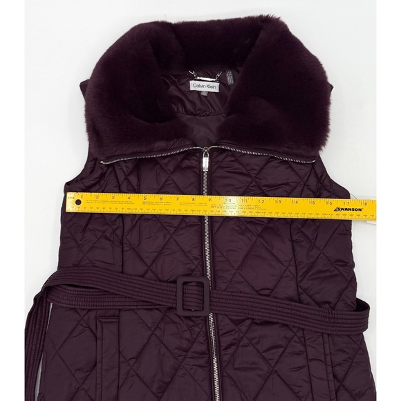 New Calvin Klein Vest Womens XS Aubergine Quilted Faux Fur Collar Pockets - Picture 4 of 9